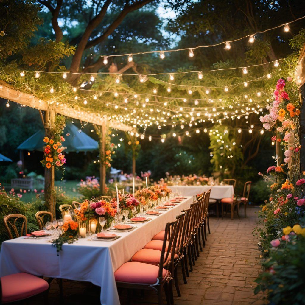 A whimsical garden party setting, adorned with twinkling fairy lights and vibrant flowers, featuring diverse people joyously interacting over a beautifully arranged table filled with colorful treats and drinks. Capture the essence of laughter and connection amidst the lush greenery, with a soft sunset in the background casting a warm glow. super-realistic. vibrant colors. warm lighting.