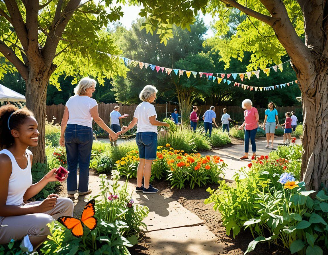 A vibrant community garden scene filled with diverse people of all ages planting flowers and vegetables together, sharing smiles and laughter. Soft sunlight filters through tree branches, while colorful butterflies flutter around, symbolizing joy and connections. In the background, a banner reading 'Creating Connections' hangs between trees, enhancing the sense of community. super-realistic. vibrant colors. warm tones.