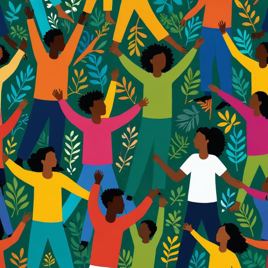 A vibrant scene depicting diverse people interconnected by colorful threads, symbolizing a cheerful network. Each person is engaged in joyful activities, like laughing, sharing ideas, and working together. The background features warm sunlight and lush greenery, representing growth and positivity. The design should evoke a sense of community, friendship, and inclusivity. bright and cheerful colors. vector art.